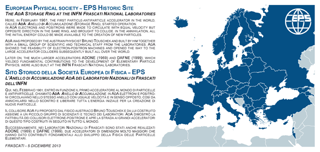 Targa che verrà inaugurata il 5 Dicembre 2013 in occasione della celebrazione 'AdA Sito Storico della Società Europea di Fisica - EPS'